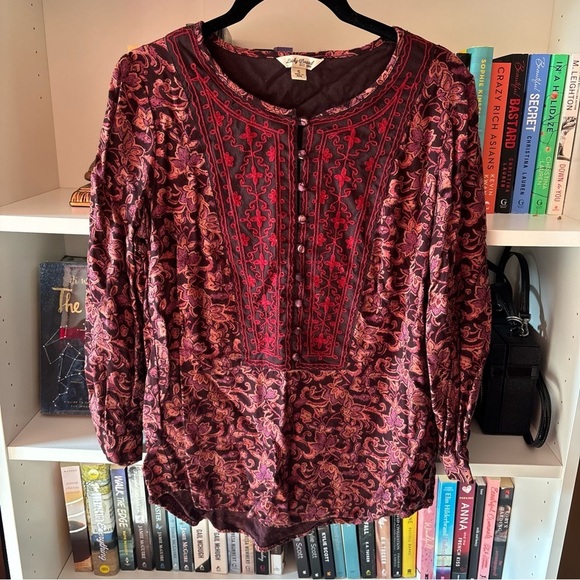 Lucky Brand Brown Peach Orange Floral Embroidered Blouse Size Small - Picture 1 of 7